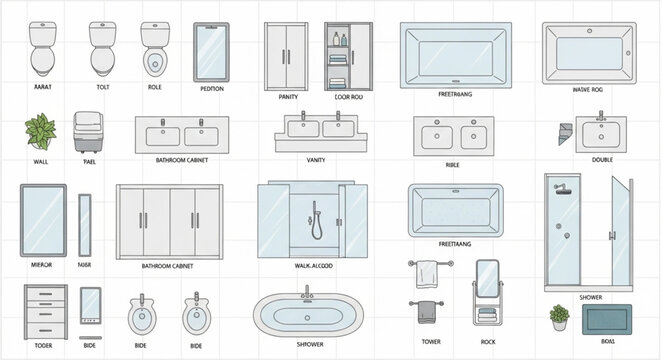 Architectural drawings of bathroom fixtures and elements.
