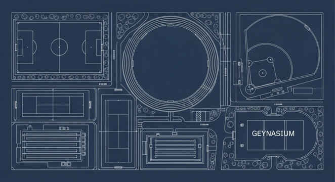 Blueprint of Sports Fields and Stadium Elements.