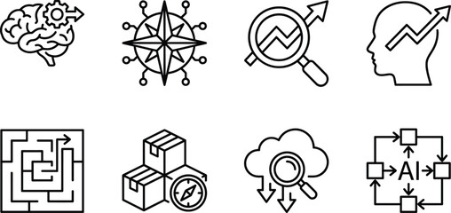 Fototapeta premium Artificial Intelligence and Business Analytics Icon Set with Machine Learning, Cloud Search, Data Strategy, and Innovation Process Symbols