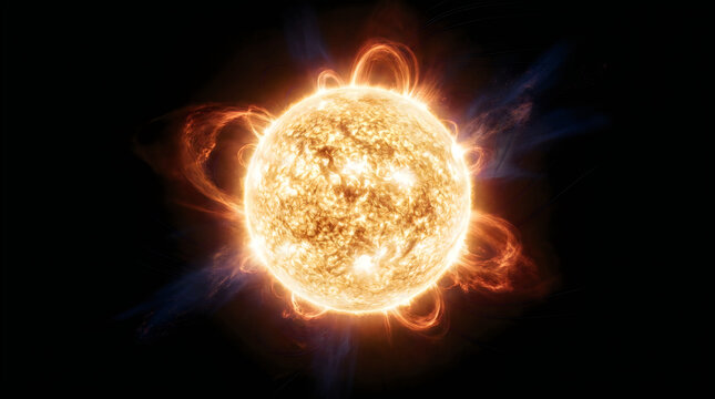 Vibrant illustration of the sun with fiery orange and yellow hues against a dark background