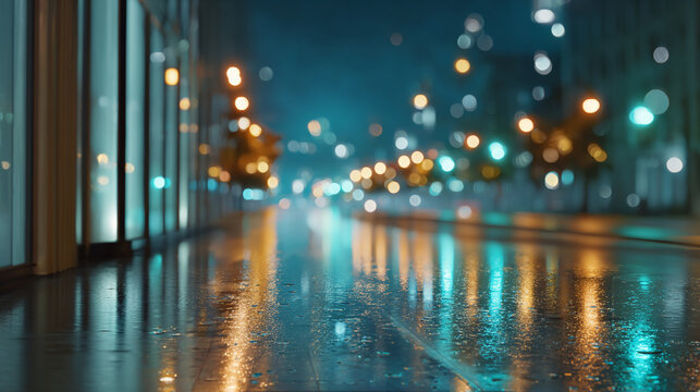 A rainy urban street at night with vibrant bokeh lights reflecting on the wet pavement.