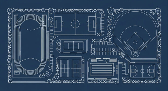 Blueprint of various sports fields and courts.