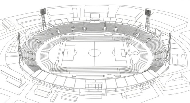 Wireframe sketch of a large modern sports stadium arena.