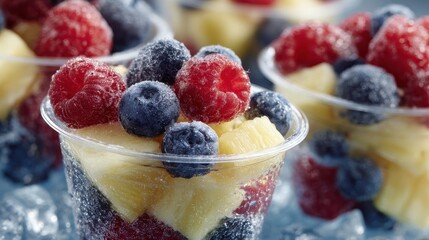 Fresh fruit cups with pineapple raspberries and blueberries on ice
