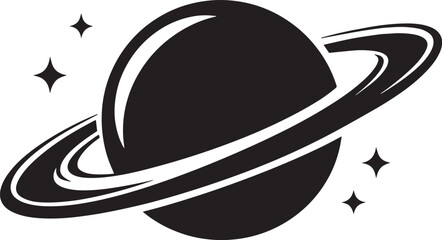 Minimalist Saturn planet vector icon, black celestial ringed planet with stars, simple outer space galaxy illustration for science education and logos © Shaiq