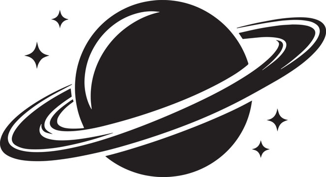 Minimalist Saturn planet vector icon, black celestial ringed planet with stars, simple outer space galaxy illustration for science education and logos