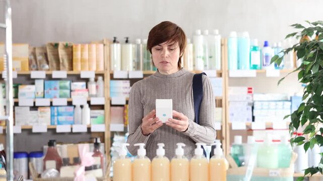 Woman in winter clothes looking for medicine in a pharmacy. High quality 4k footage