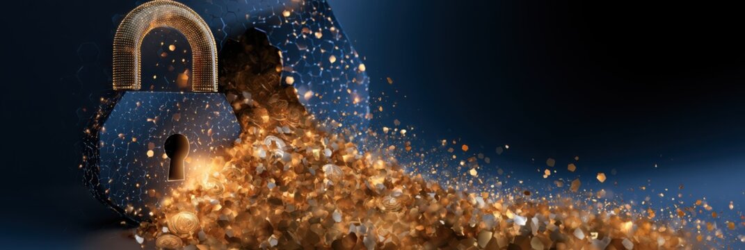 A digital padlock disintegrates into sparkling golden particles, symbolizing cybersecurity, data protection, and digital encryption in a futuristic, dark blue setting.