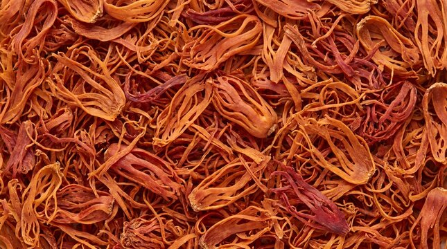 A detailed overhead macro shot of dried mace spice revealing its delicate, fiery orange and red threads forming an intricate, organic pattern for culinary and food ingredient backgrounds