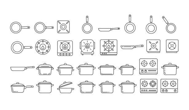Cooking pan and gas stove icon set in clean editable vector illustration style