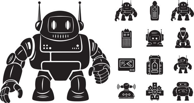 Robot and various robotic icons in black