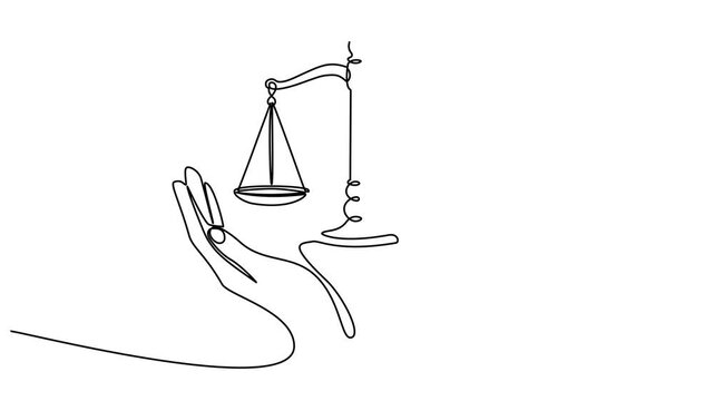 Continuous line drawing of two hands opening a scale, symbolizing justice, equality and business ethics, editable line art vector illustration.