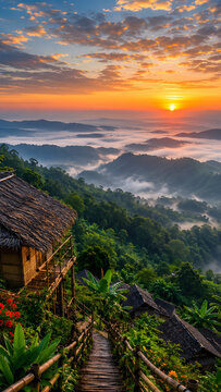 Sunrise over misty mountains with traditional huts on a hillside