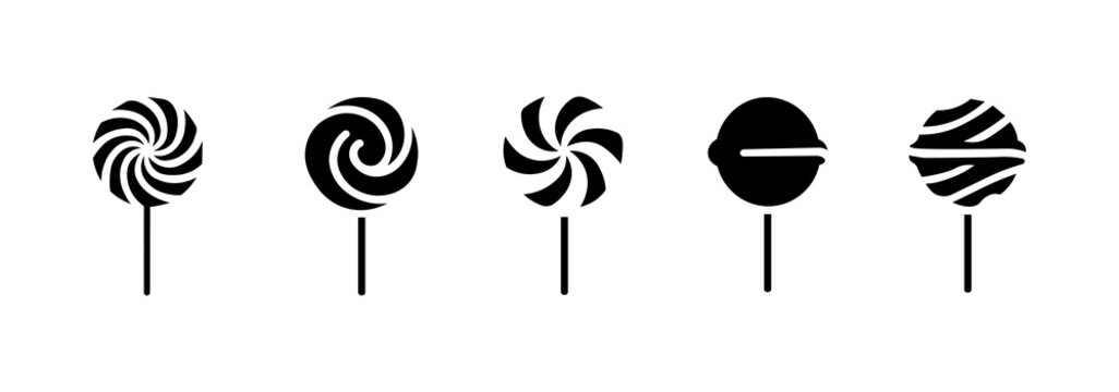 Set of candy and lollipop icons, silhouettes of candies in spiral, round shapes, for cake and dessert design, candy packages in flat style.