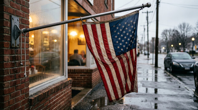 An American flag hangs from a pole on a brick building on a wet, rainy day, with a street and parked car visible in the background.