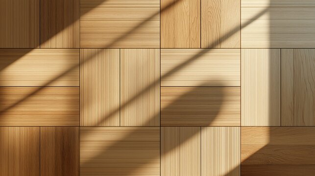 Wooden parquet floorboards creating varied patterns with sunlight and shadows