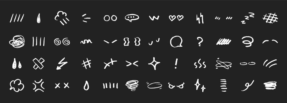 Hand drawn comic anime scribble icons. Crayon line sketch design. Emoticons and manga effect vector elements.