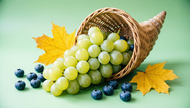 An Autumn Harvest Scene Featuring a Woven Cornucopia Spilling Fresh Green Grapes and Scattered Blueberries on a Soft Green Background