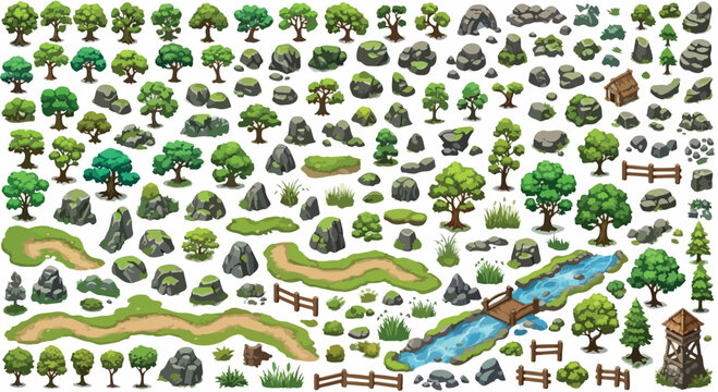 Isometric forest landscape game assets, cartoon nature environment kit with green trees and rocks, 2D map creator elements for mobile gaming