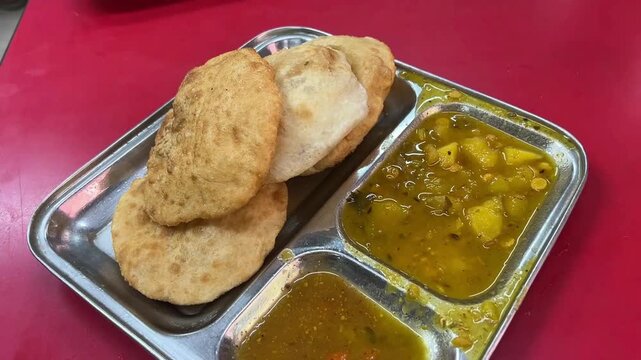 Freshly made dal puri served with a rich, spicy potato sabji at a heritage local sweet shop in Kolkata, India.