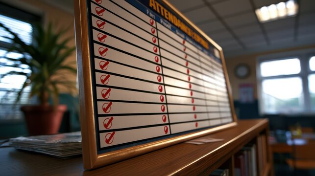 An attendance monitoring board with marked checkboxes sits on a wooden surface in a well-lit room featuring plants and windows.