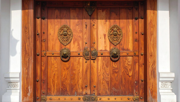 Ornate wooden double doors with brass hardware and decorative details