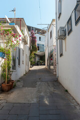 Fototapeta premium Bodrum, Turkey. Small narrow street ascending and turning to the right, lined with whitewashed houses and greenery, typical of the old town.