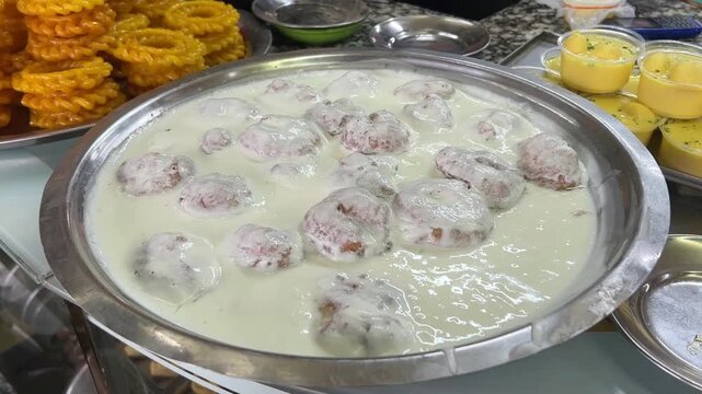 Freshly prepared dahi vada and crispy, syrupy imarti served at a traditional local sweet shop in Kolkata, West Bengal, India.