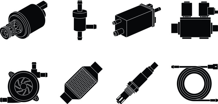Automotive Cooling and Fuel System Icon Set Featuring Fuel Injectors, Pumps, Intercoolers, and Hoses for Engine and Vehicle Maintenance