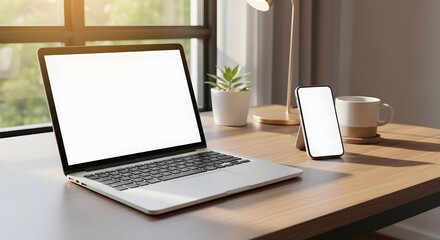 Fototapeta premium Laptop and smartphone on wooden desk with natural light and potted plant