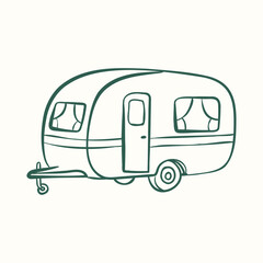 Hand drawn caravan trailer in doodle outline style. Minimal camping transport illustration for travel and van life design. © Colomba Rossa
