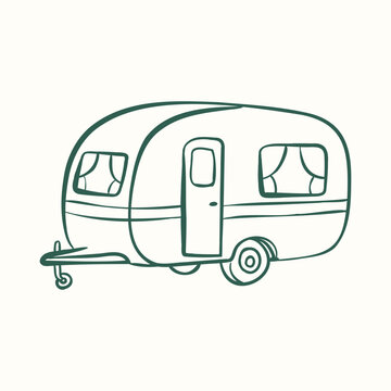 Hand drawn caravan trailer in doodle outline style. Minimal camping transport illustration for travel and van life design.