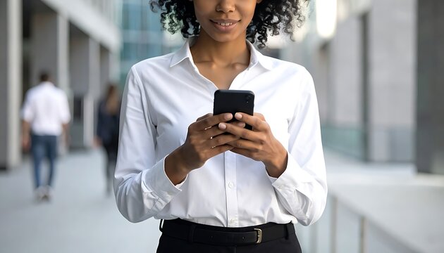 A woman in a white shirt uses her smartphone outdoors