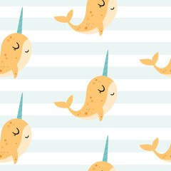 Ocean seamless pattern with cute narwhal. Cartoon sea animal background. Nautical repeat design. Kids vector illustration. © JulzaArt