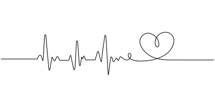 Continuous one line drawing of heart beat pulse line with love shape. Heart care in single line draw illustration. Editable stroke.,Continuous one line drawing of heart beat pulse line with love shape