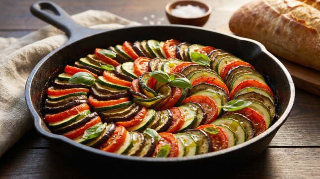 Traditional French ratatouille with fresh basil in a rustic skillet. Beautifully layered baked Mediterranean vegetables. Concept of healthy vegan diet and organic lifestyle.
