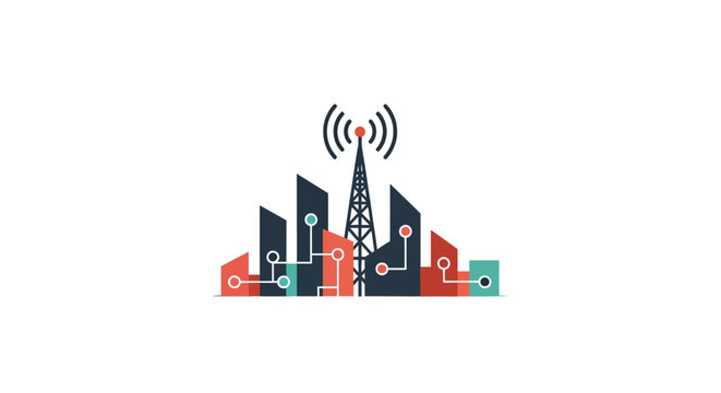 City buildings with cell tower.
