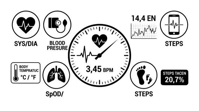 Health monitoring icons for heart rate blood pressure lungs