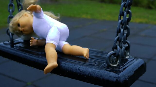 Abandoned Doll Swinging on a Wet Playground in Slow Motion