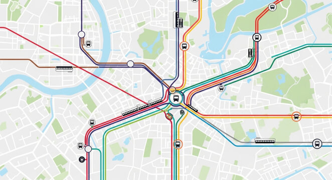 Abstract schematic subway map with colorful lines and stations.