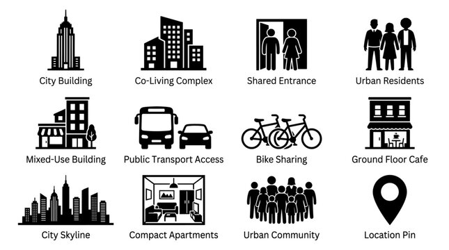 Urban living icons: buildings transport community lifestyle