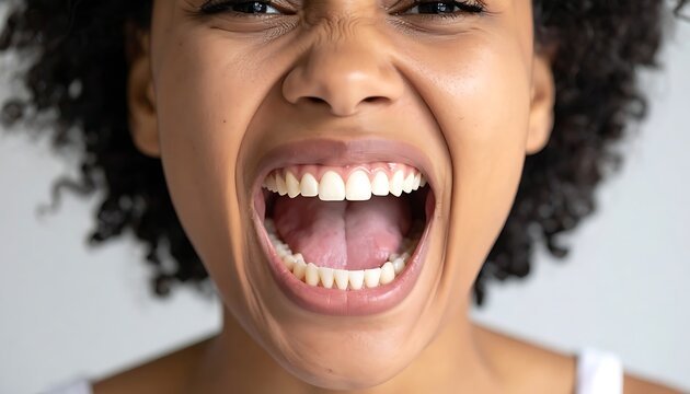 A woman's face contorted in a loud expression