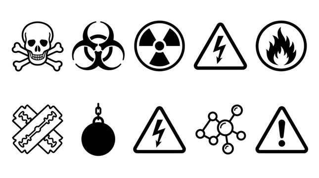 Hazard and danger symbols: skull biohazard radiation fire electricity