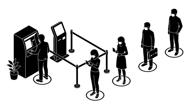 People waiting in line at an atm or kiosk with financial, transaction