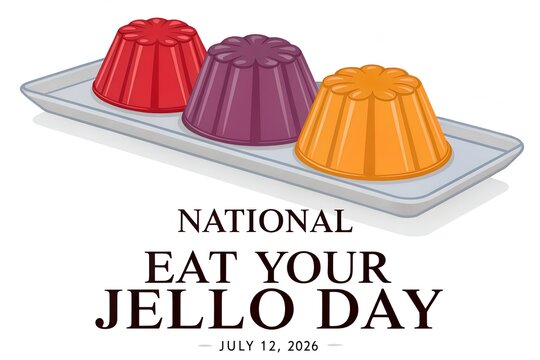 Three colorful molded gelatin desserts sit neatly arranged on a simple rectangular serving tray in this bright illustration celebrating a festive holiday dedicated to eating sweet and jiggly fruit sna