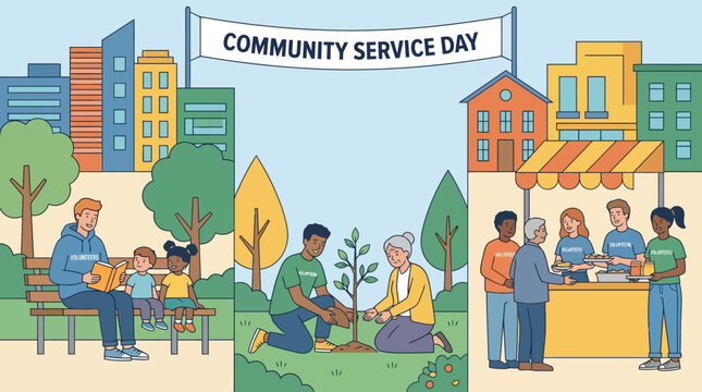 Community service day with people helping each other.