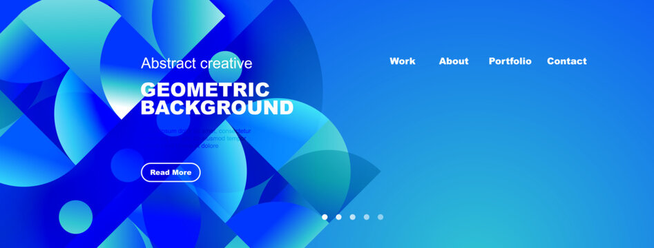 Bright blue geometric background features abstract shapes, text, navigation menu. Button invites further exploration. Modern design aesthetic.
