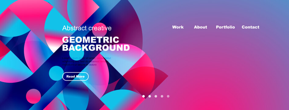 Bright abstract geometric background. Website header design features vibrant colors, text, navigation menu, button. Modern style.