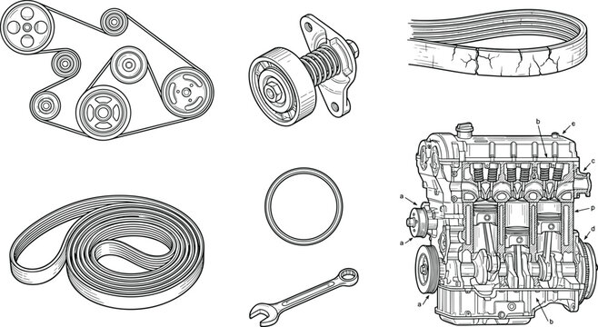 Automotive Engine Belt and Mechanical Repair Illustration Set with Pulley System, Tensioner, Wrench, and Vehicle Maintenance Components