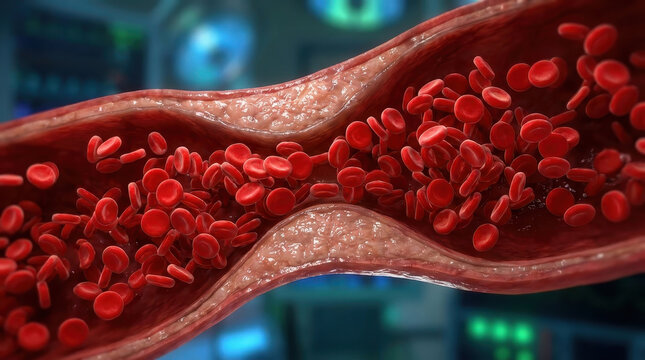 Blood flow in normal artery versus high pressure causing turbulence and narrowing of vessel with red blood cells moving through constricted area in circulatory system